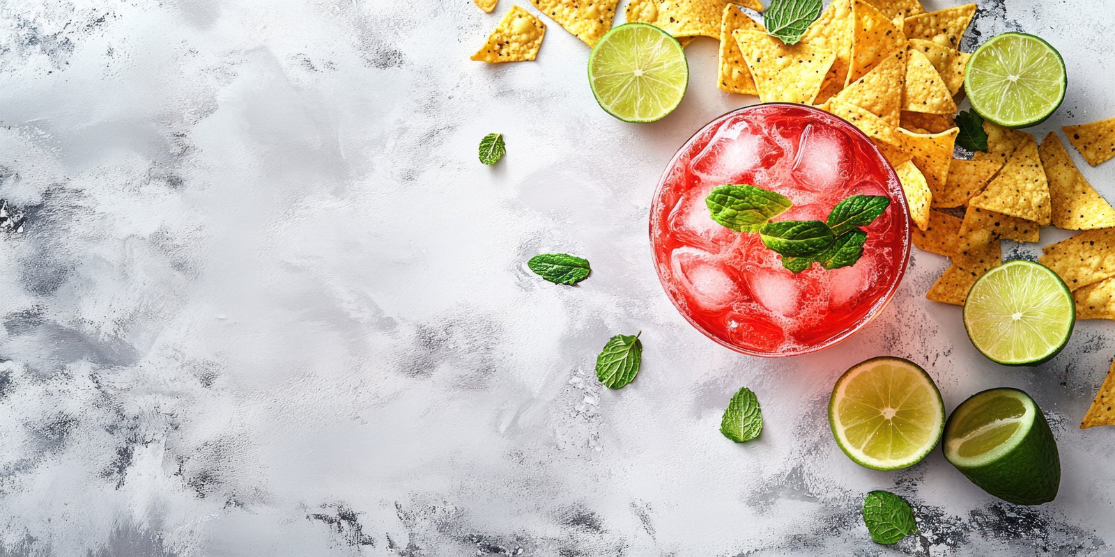 Bright and refreshing summer drink garnished with mint and lime, accompanied by crunchy tortilla chips